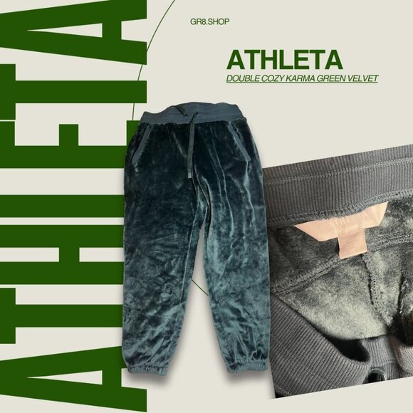 Athleta Double Cozy Karma Green Velvet Joggers Drawstring Waistband Ribbed Cuffs - Picture 1 of 5